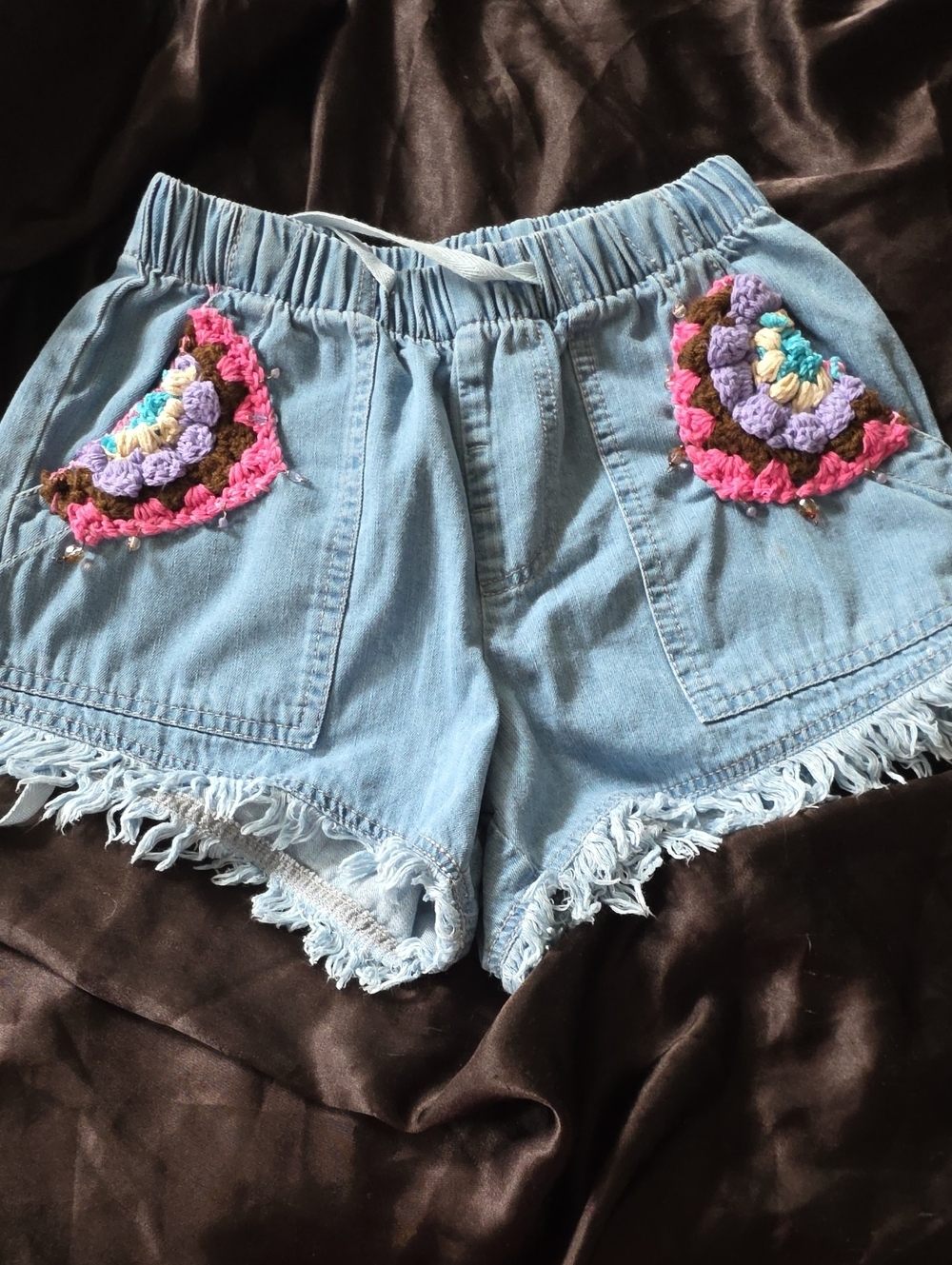 Light Blue Denim Crochet Pocket Women's Shorts